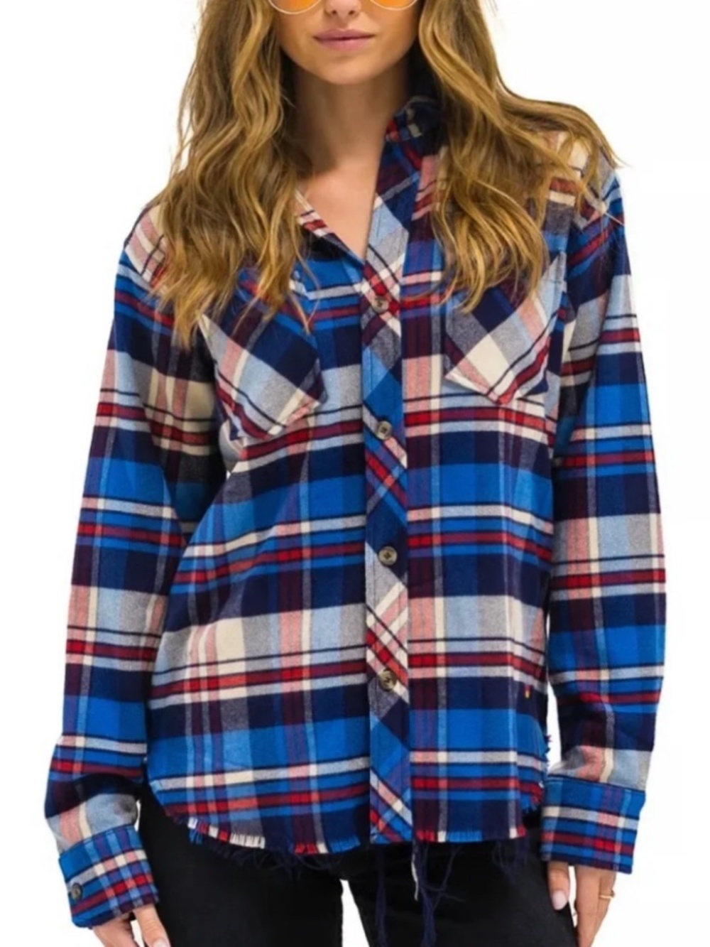 Aviator Nation Blue Red Plaid Button-Up Flannel Shirt